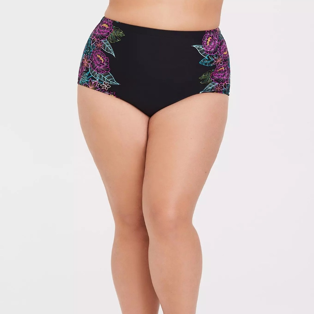 Torrid High-Rise Allover Smooth Swim Bottom Size 1 Black Floral Graphic